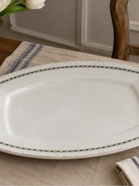 Antique Hermann Ohme Silesia 15" Glazed‎ White Porcelain Platter Fig Leaf Border